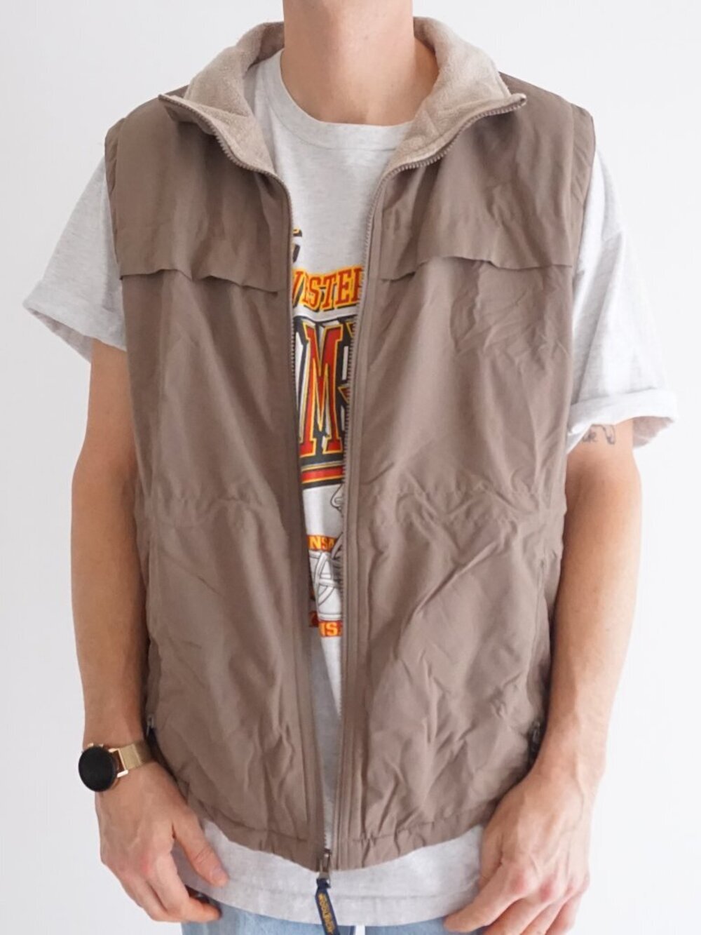 Vintage Woolrich Tan Fleece Lined Utility Travel Vest Zip Outdoor Layering XL